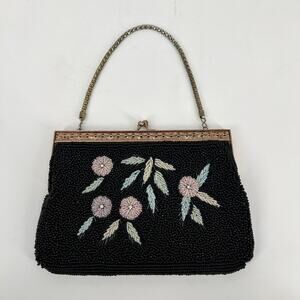 Vintage Beaded Handbag Purse Small Black Pink Floral Kiss Lock Chain Strap
